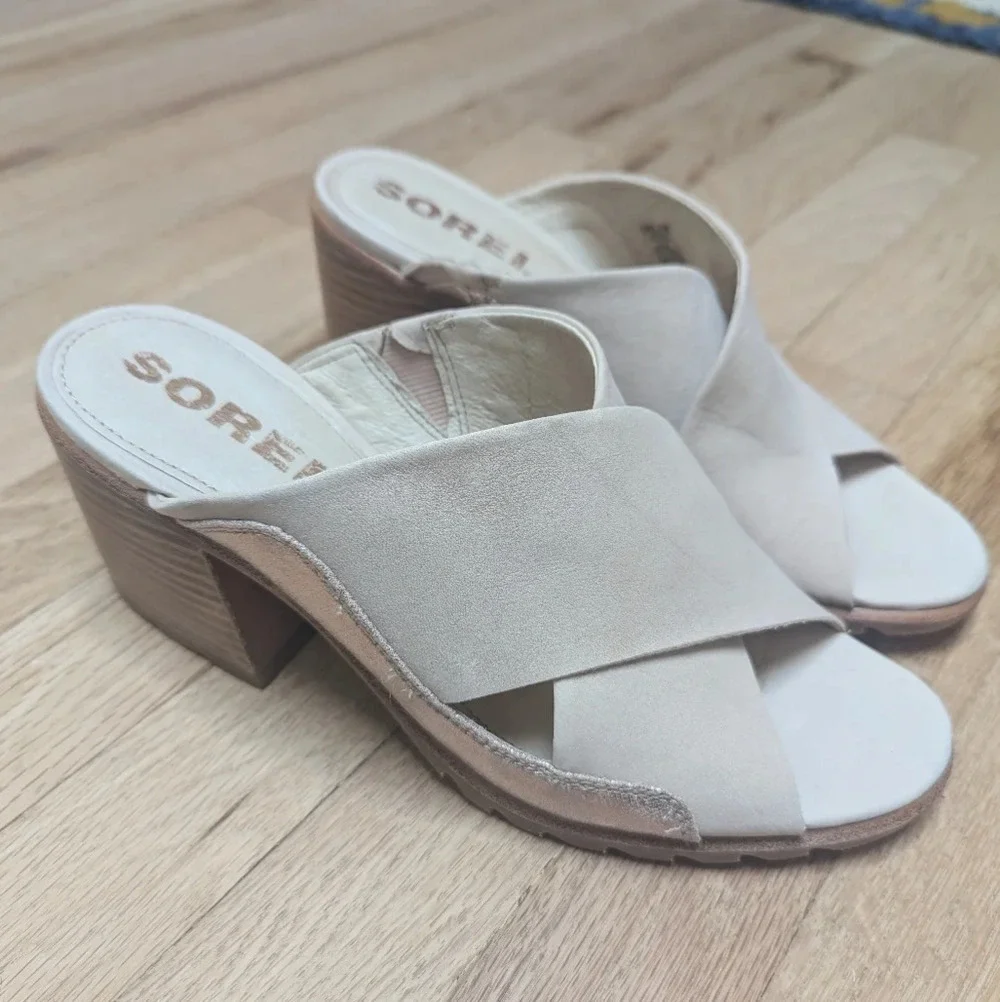 SOREL Nadia Heel Sandals Natural Tan Rose Gold Leather Mule Slides Size 9.5